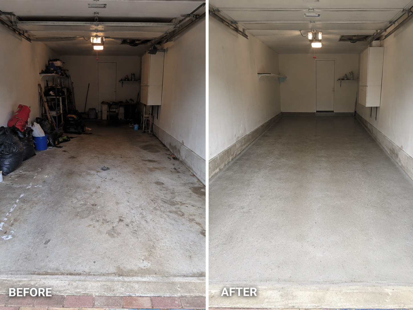 Before and after garage cleanout with clutter removed and floor cleared
